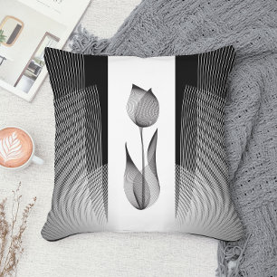 Classy Tulip Black and White Floral Moiré Minimal Throw Pillow
