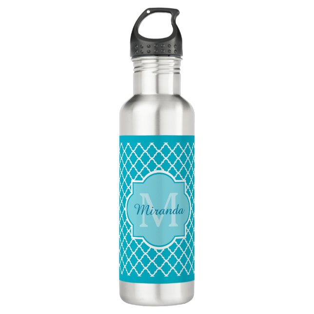 Classy Turquoise Blue Quatrefoil Monogram and Name 710 Ml Water Bottle (Front)