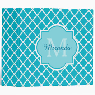 Classy Turquoise Blue Quatrefoil Monogram and Name Binder