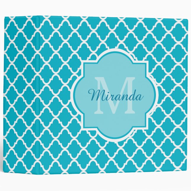 Classy Turquoise Blue Quatrefoil Monogram and Name Binder (Front/Spine)