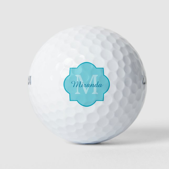 Classy Turquoise Blue Quatrefoil Monogram and Name Golf Balls (Front)