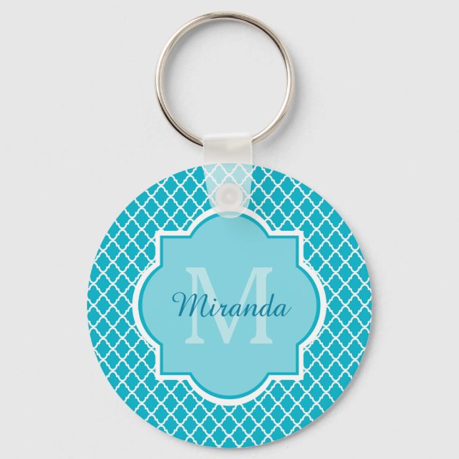 Classy Turquoise Blue Quatrefoil Monogram and Name Keychain (Front)