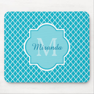 Classy Turquoise Blue Quatrefoil Monogram and Name Mouse Pad