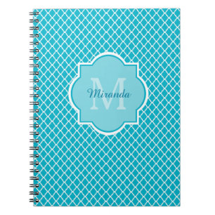 Classy Turquoise Blue Quatrefoil Monogram and Name Notebook