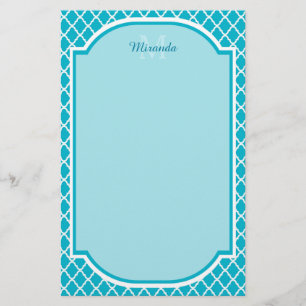 Classy Turquoise Blue Quatrefoil Monogram and Name Stationery