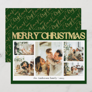 Classy Typography Photo Collage Green Christmas Holiday Card