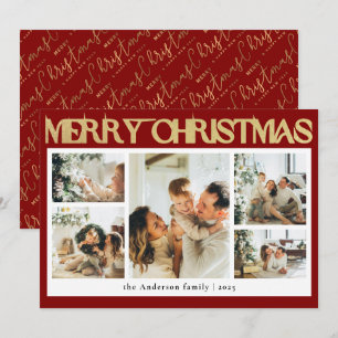 Classy Typography Photo Collage Red Christmas Holiday Card
