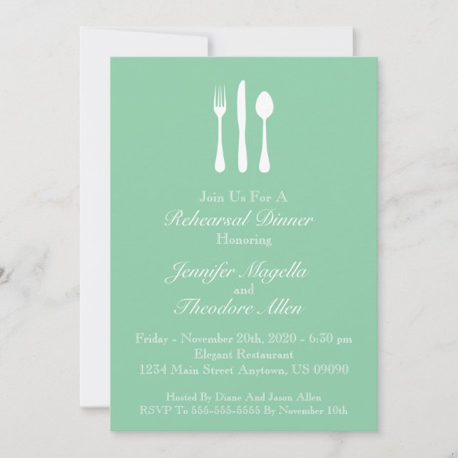 Classy Utensils Rehearsal Dinner Invite (Green) (Front)