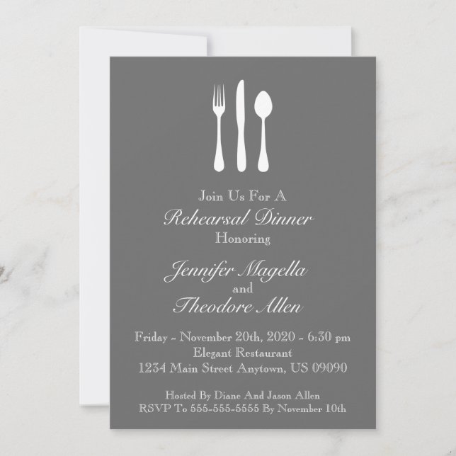 Classy Utensils Rehearsal Dinner Invite (Grey) (Front)