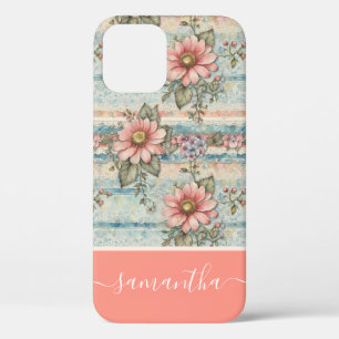 Classy Vintage Floral Pattern Peach Custom Name iPhone 12 Case