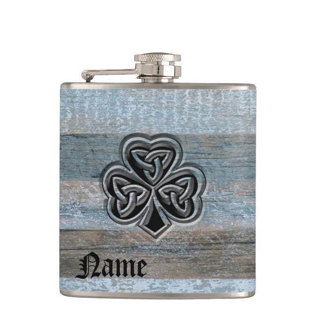 Classy vintage Irish lucky shamrock personalized Hip Flask (Front)