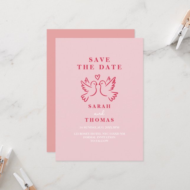 classy vintage pink birds save the date  invitation (Front/Back In Situ)