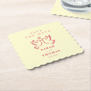 classy vintage pink yellow birds save the date paper coaster
