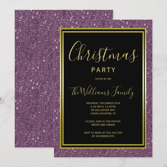 Classy Violet Glitter, Gold Framed Christmas Party Invitation (Front/Back)