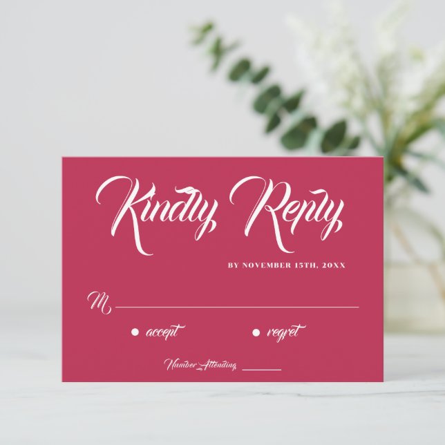 Classy Viva Magenta Calligraphy Sunset Theme RSVP Card (Standing Front)