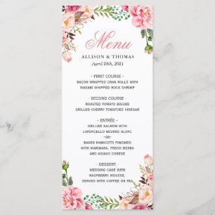 Classy Watercolor Blush Pink Floral Wedding Menu