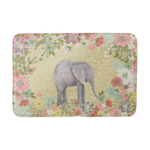 Classy Watercolor Elephant Floral Frame Gold Foil Bath Mat