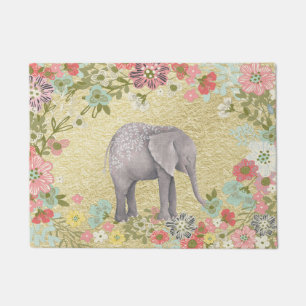 Classy Watercolor Elephant Floral Frame Gold Foil Doormat
