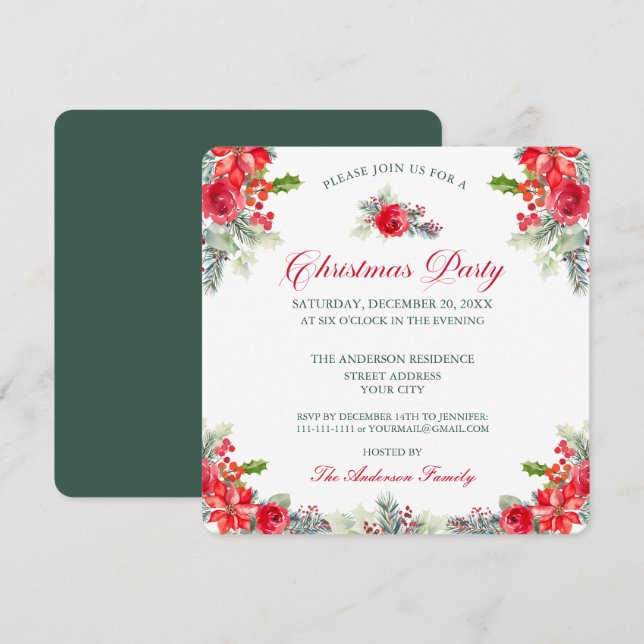 Classy Watercolor Floral Christmas Party  Invitation (Front/Back)