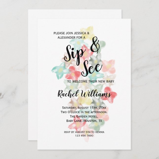Classy Watercolor Flowers Sip & See Invitation (Front/Back)