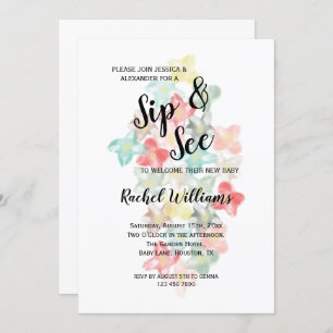 Classy Watercolor Flowers Sip & See Invitation