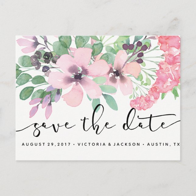 Classy Watercolor Pink flowers save the date Announcement Postcard (Front)