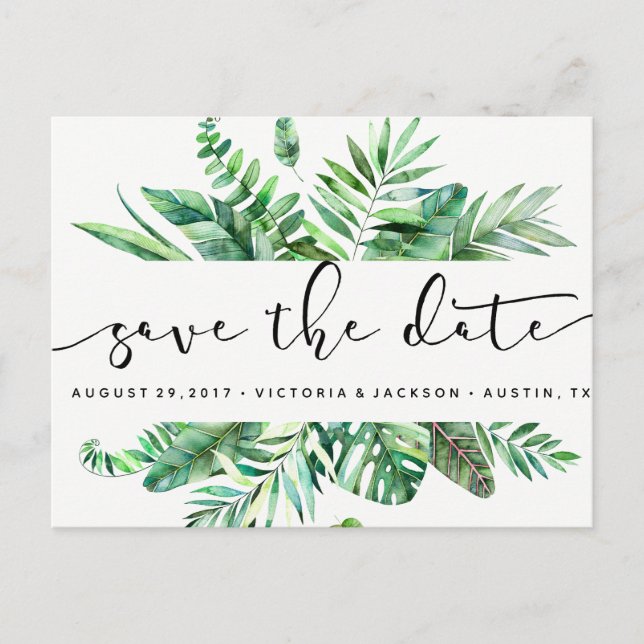 Classy Watercolor tropical leaves save the date Announcement Postcard (Front)