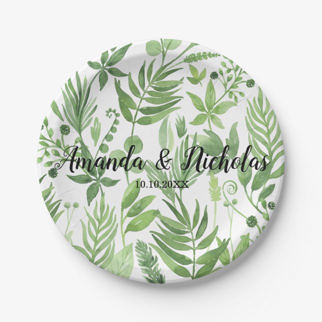 Classy Watercolor wild meadow green Wedding Paper Plate (Front)
