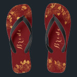 Classy Wedding Bride Deep Burgundy & Gold Foliage Flip Flops<br><div class="desc">These classy wedding Bride deep Burgundy and gold foliage flip flops have a dark burgundy background that is adorned with an intricate gold floral greenery pattern and customizable modern typography. The combination of the rich burgundy and the shimmering gold create an elegant and luxurious aesthetic. View the collection on this...</div>