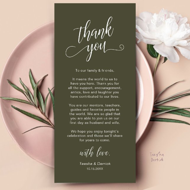 Classy Wedding Dinner Place Setting Thank You Card (Classy Wedding Dinner Place Setting Thank You Card in Olive Green)