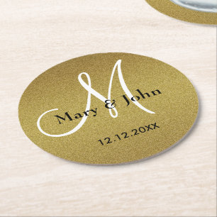 Classy Wedding Monogram Glitter Gold Round Paper Coaster