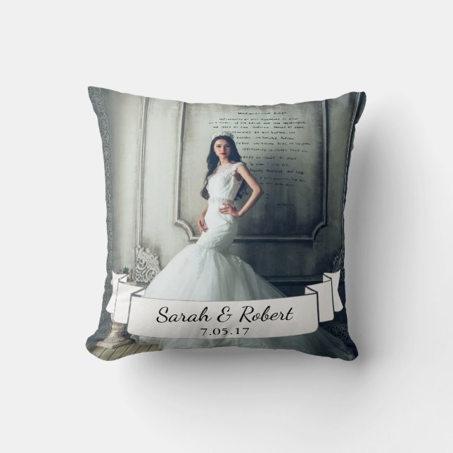 Classy Wedding Photo White Ribbon & Laurels Throw Pillow (Front)