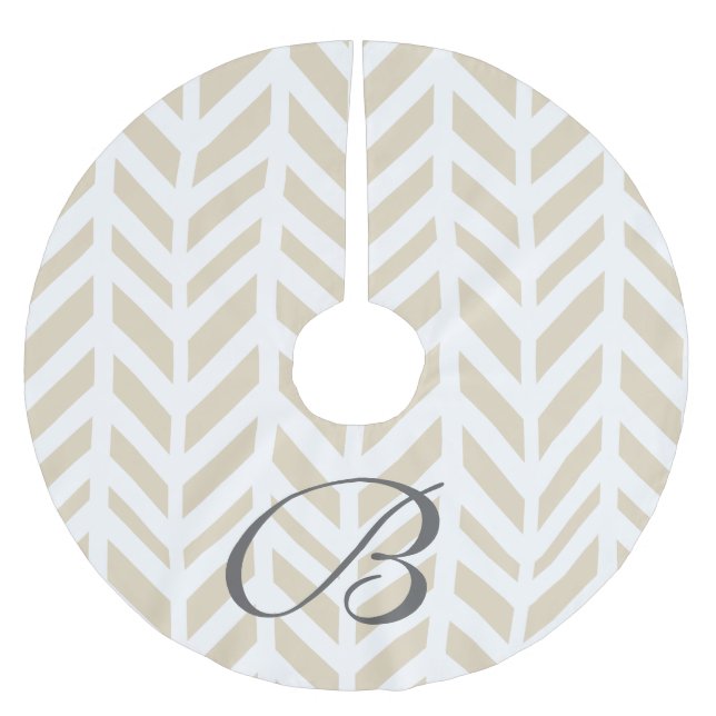Classy White & Beige Herringbone Family Initial Brushed Polyester Tree Skirt (Front)