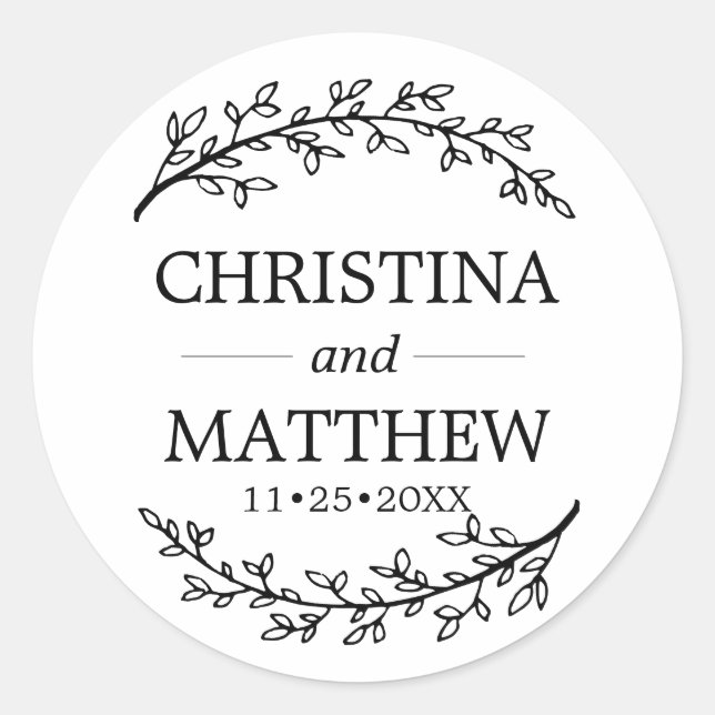 Classy White Black Laurel Branches Wedding Classic Round Sticker (Front)