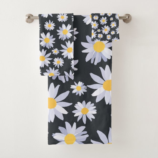 Classy White Daisy Flowers Botanical Bath Towel Set (Insitu)