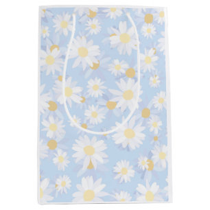 Classy White Daisy Flowers Botanical Blue design Medium Gift Bag