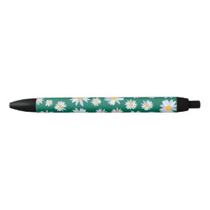 Classy White Daisy Flowers Botanical Green design Black Ink Pen