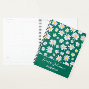 Classy White Daisy Flowers Botanical Green design Planner