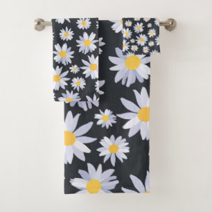 Classy White Daisy Flowers Botanical Grey design Bath Towel Set