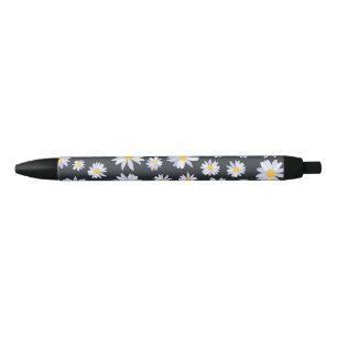 Classy White Daisy Flowers Botanical Grey design Black Ink Pen