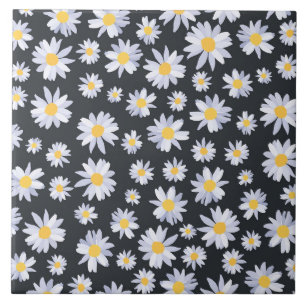 Classy White Daisy Flowers Botanical Grey design Tile