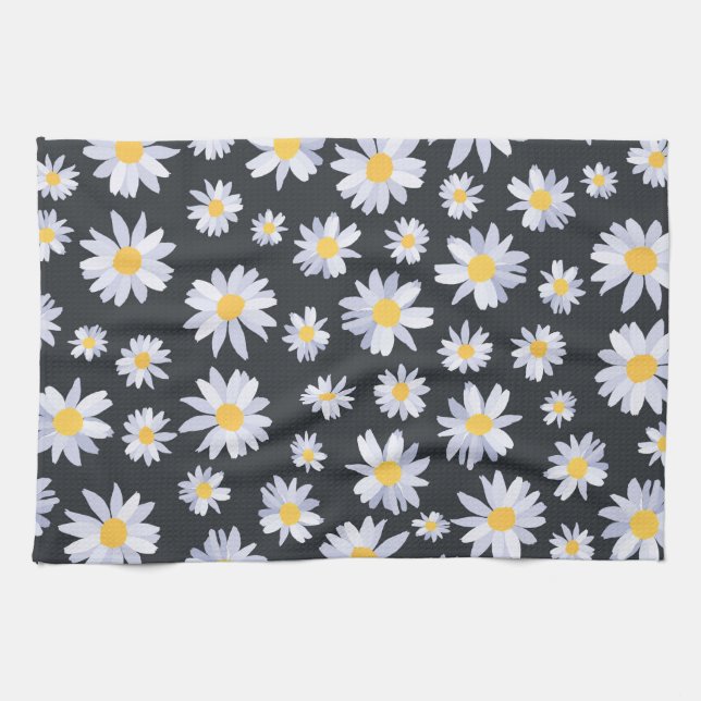 Classy White Daisy Flowers Botanical Kitchen Towel (Horizontal)