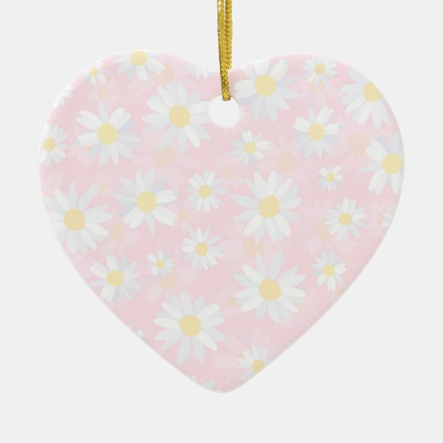 Classy White Daisy Flowers Botanical Pink design Ceramic Ornament (Front)