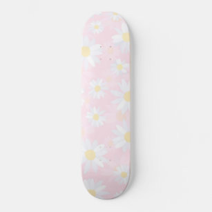 Classy White Daisy Flowers Botanical Pink design Skateboard