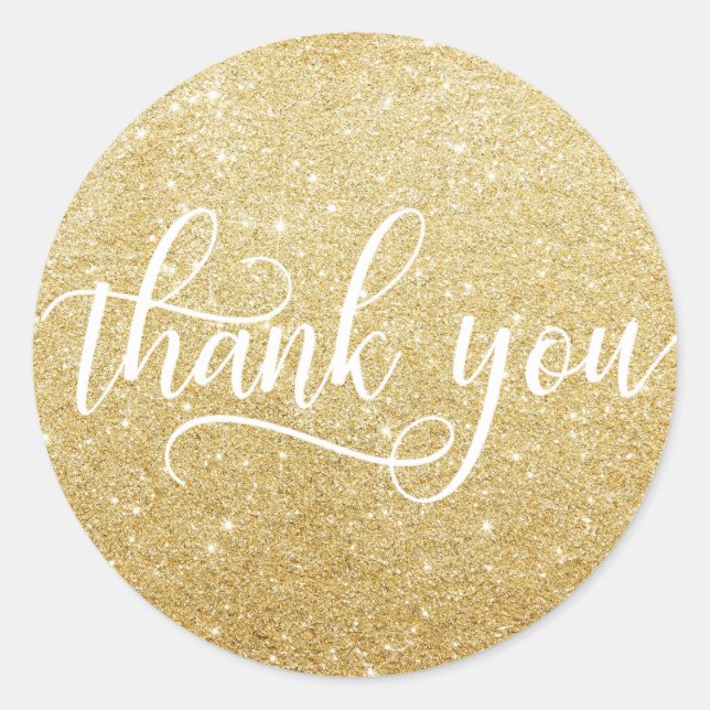 Classy  White Gold Faux Glitter Script Thank You Classic Round Sticker (Front)