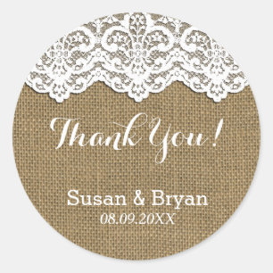 Classy White Lace & Burlap Thank You Sticker