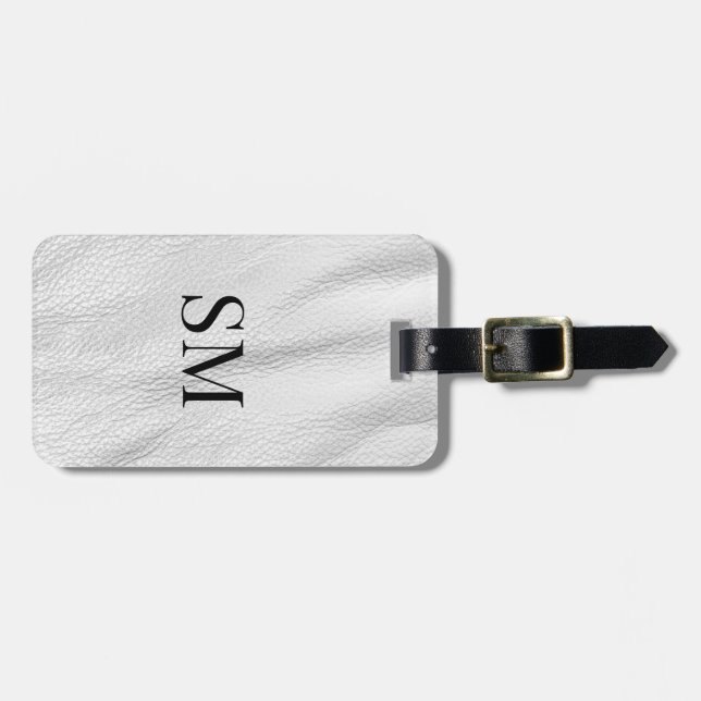 Classy White Leather Monogram Initials Luggage Tag (Front Horizontal)