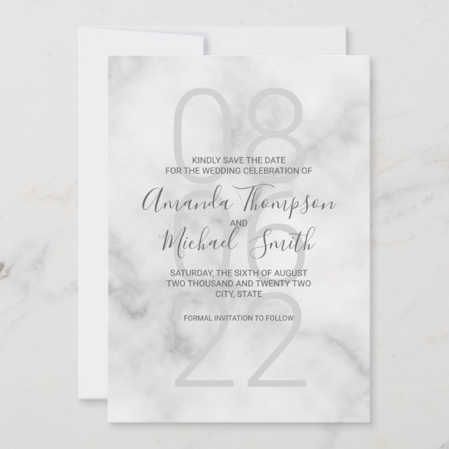 Classy White Marble Modern Script Wedding Save The Date (Front)