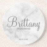 Classy White Marble Personalized Bridesmaids Coaster<br><div class="desc">Modern Personalized Bridesmaids Coaster
featuring personalized bridesmaid's name in modern calligraphy font style with title and wedding date in modern sans serif font style n white marble background.

Also perfect for Maid of Honour,  Flower Girl,  Mother of the Bride and more.</div>