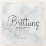 Classy White Marble Personalized Bridesmaids Glass Coaster<br><div class="desc">Modern Personalized Bridesmaids Coaster
featuring personalized bridesmaid's name in modern calligraphy font style with title and wedding date in modern sans serif font style n white marble background.

Also perfect for Maid of Honour,  Flower Girl,  Mother of the Bride and more.</div>